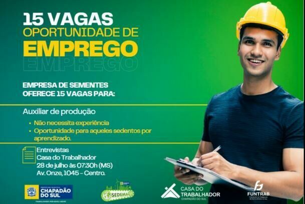 Imagem de compartilhamento para o artigo Casa do Trabalhador de Chapadão do Sul oferece 15 vagas de emprego para Auxiliar de Produção da MS Todo dia